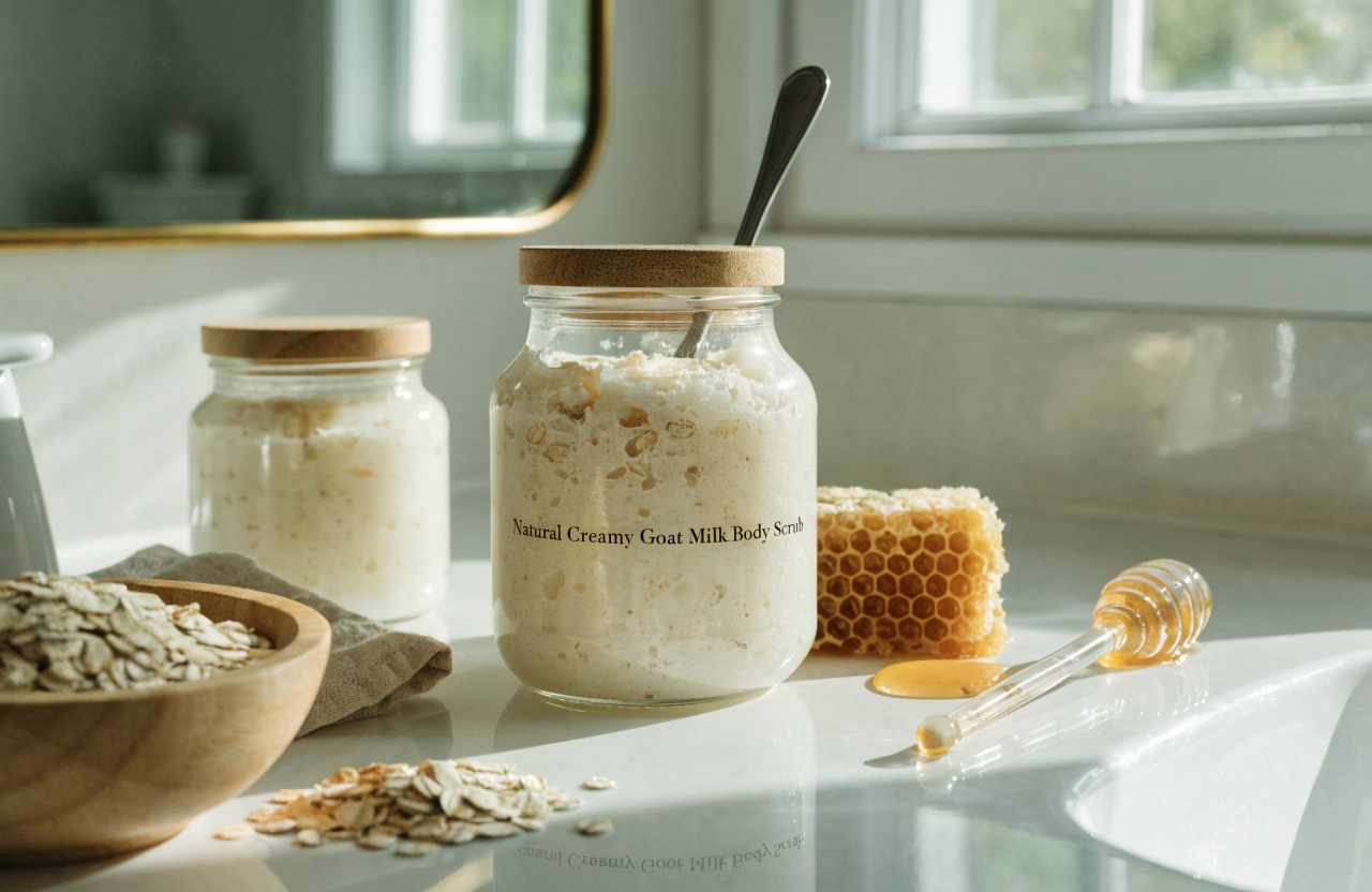 Jars of natural goat milk body scrub with fresh ingredients