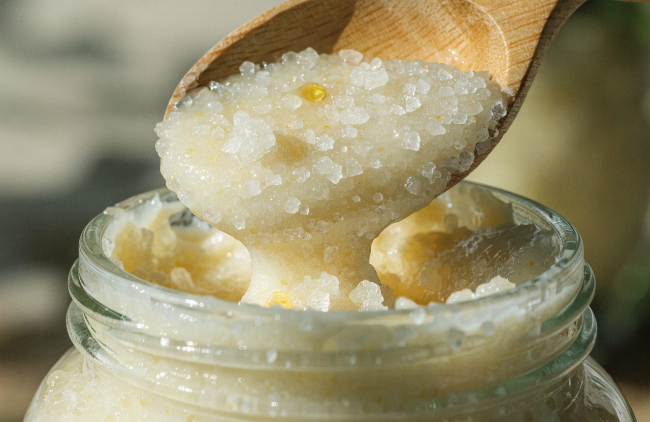 Close-up of creamy goat milk sugar scrub in a jar